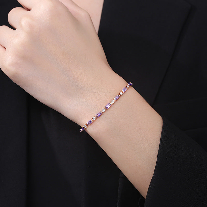 Elegant Purple Crystal Rose Gold Tennis Bracelet – Dainty Baguette Cut Zirconia Chain