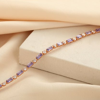 Elegant Purple Crystal Rose Gold Tennis Bracelet – Dainty Baguette Cut Zirconia Chain