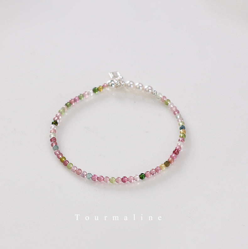 Rainbow Tourmaline & Freshwater Pearl Bracelet with 925 Silver Char
