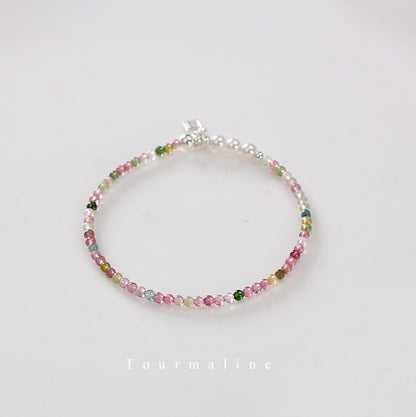 Rainbow Tourmaline & Freshwater Pearl Bracelet with 925 Silver Char