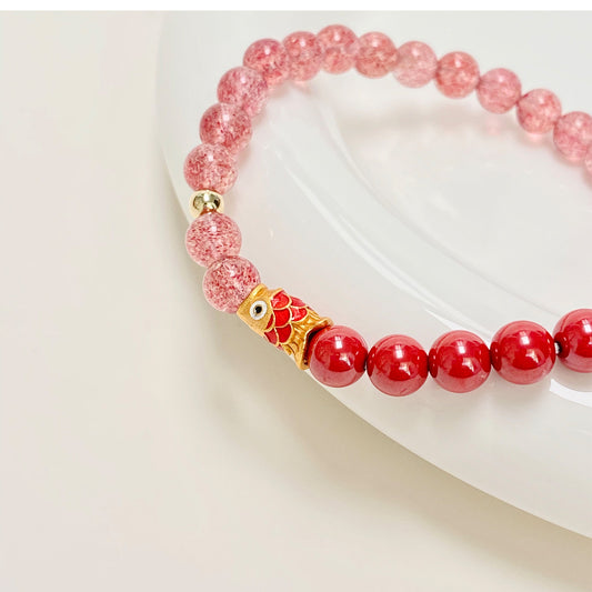 Fortune Fish Red Strawberry Quartz and Agate Bracelet with Gold Koi Charm
