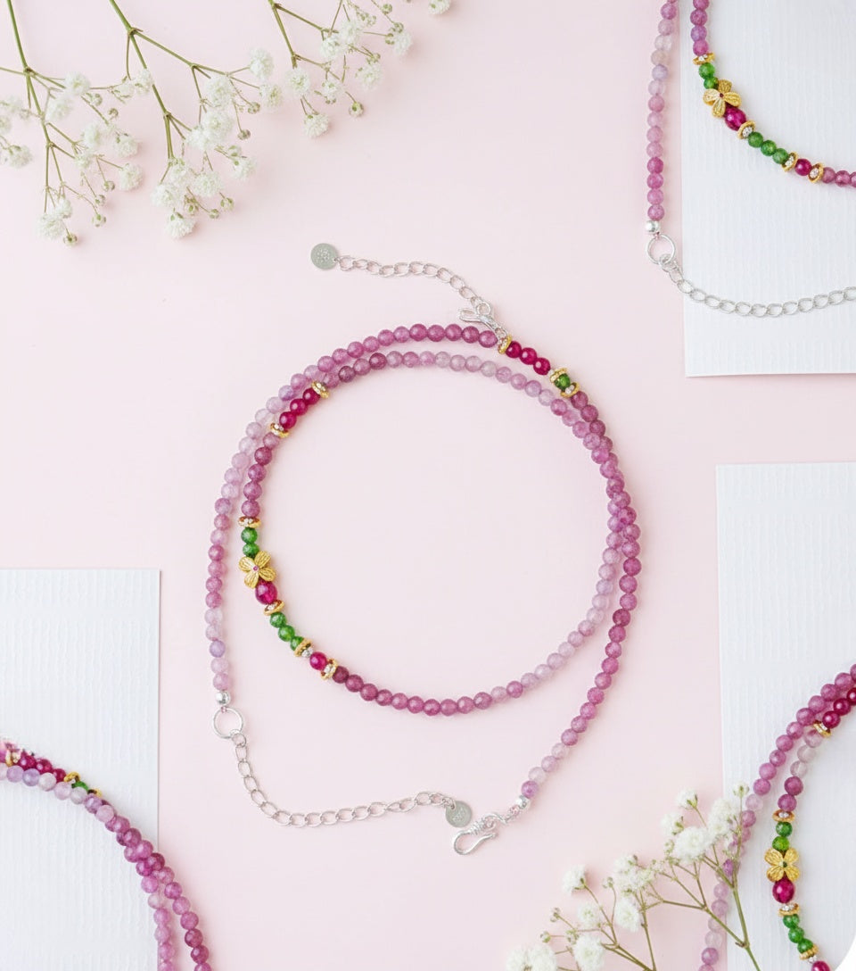 2-in-1 Pink Tourmaline & Green Garnet Beaded Jewelry – Wear as Necklace or Double-Layer Bracelet with Butterfly Charm