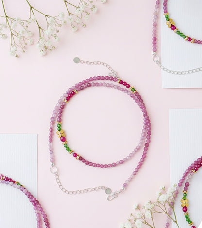 2-in-1 Pink Tourmaline & Green Garnet Beaded Jewelry – Wear as Necklace or Double-Layer Bracelet with Butterfly Charm