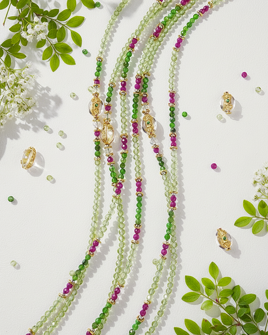 Green and pink beaded necklaces with gold accents on a white background with green leaves.