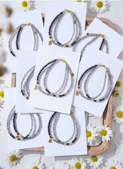 Black Obsidian & Garnet Double-Layer Crystal Bracelet – Gold Fortune Charm, Adjustable Design