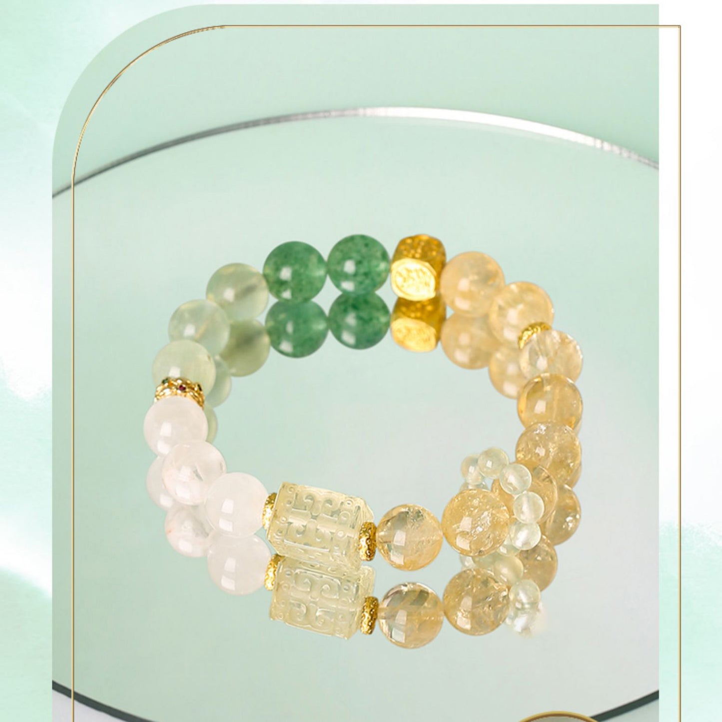 Multicolored beaded bracelet on a light green background
