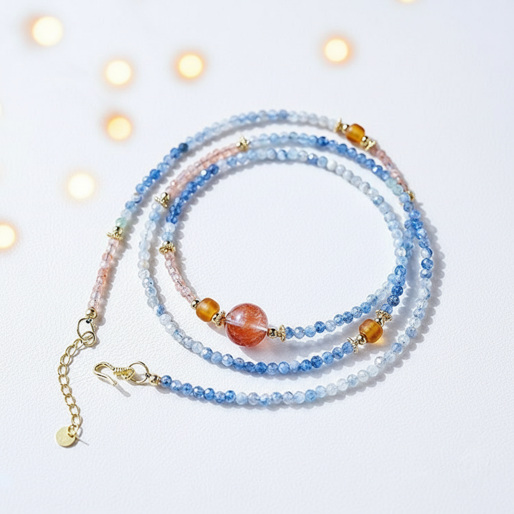 Beaded necklace with multicolored beads on a white background