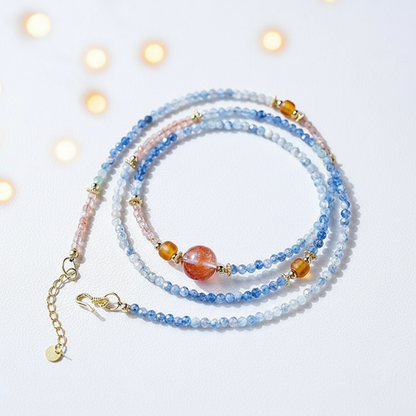 Beaded necklace with multicolored beads on a white background