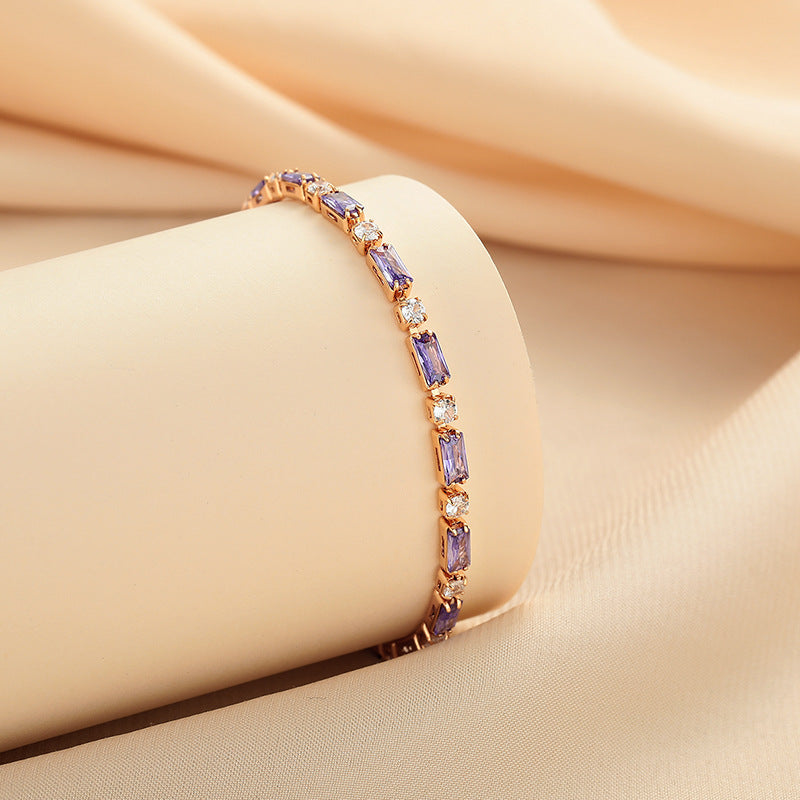 Elegant Purple Crystal Rose Gold Tennis Bracelet – Dainty Baguette Cut Zirconia Chain