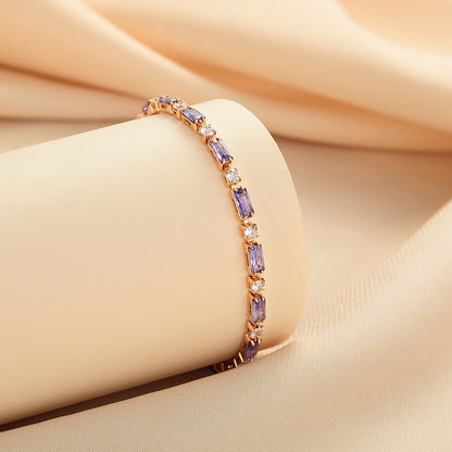 Elegant Purple Crystal Rose Gold Tennis Bracelet – Dainty Baguette Cut Zirconia Chain