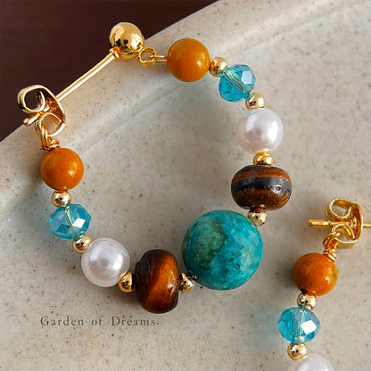 Turquoise Tiger Eye Pearl Hoop Earrings – Handmade Gemstone