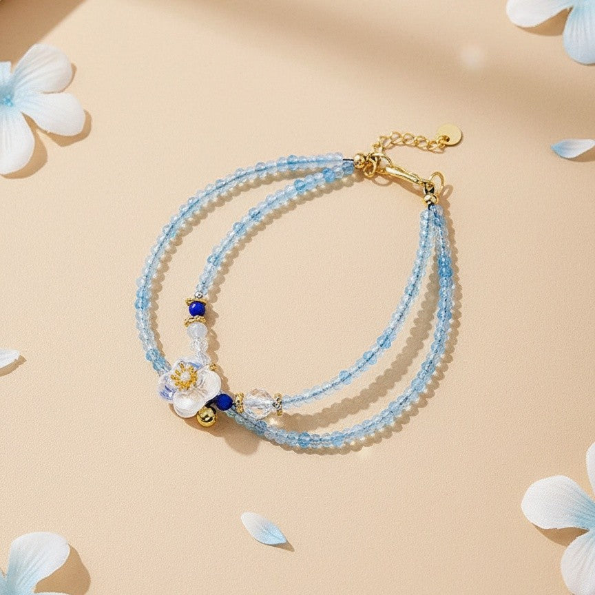 Camellia Bloom Crystal Bracelet – Double-Strand Light Blue Beaded Flower Bracelet for Women