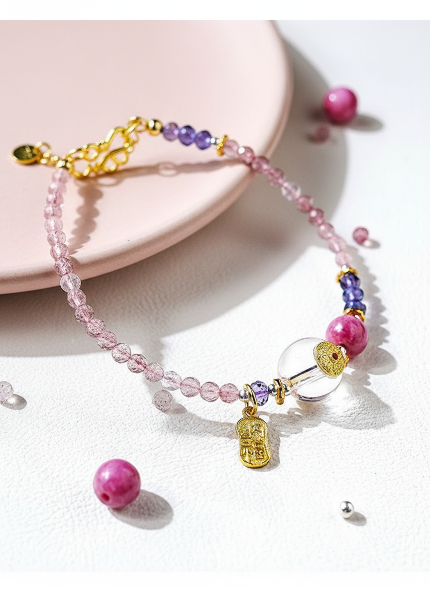 Colorful beaded bracelet with gold charm on a light background