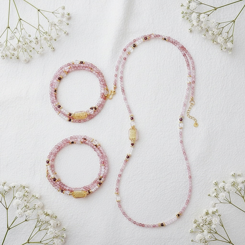 Pink beaded necklace and bracelet set on a light background with small white flowers.