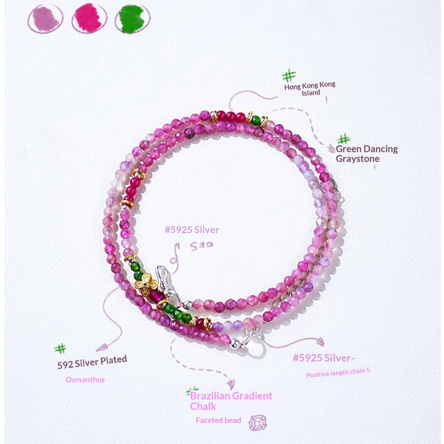 2-Way Gradient Pink Tourmaline & Green Crystal Beaded Bracelet Necklace – Floral Charm Design in Sterling Silver