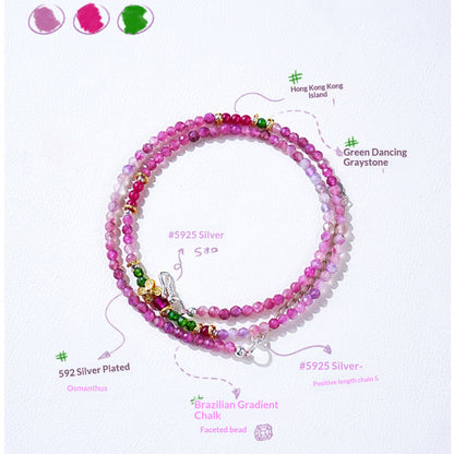 2-Way Gradient Pink Tourmaline & Green Crystal Beaded Bracelet Necklace – Floral Charm Design in Sterling Silver