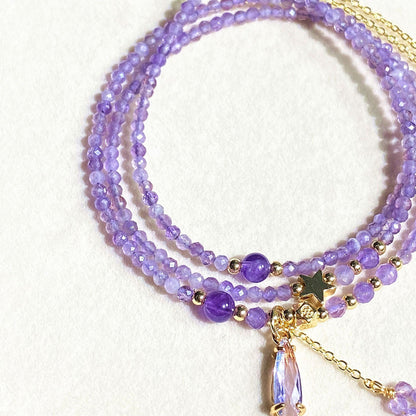 Amethyst Galaxy Multi-Layer Crystal Necklace Bracelet 2-Way Wear – Star & Teardrop Charm Edition