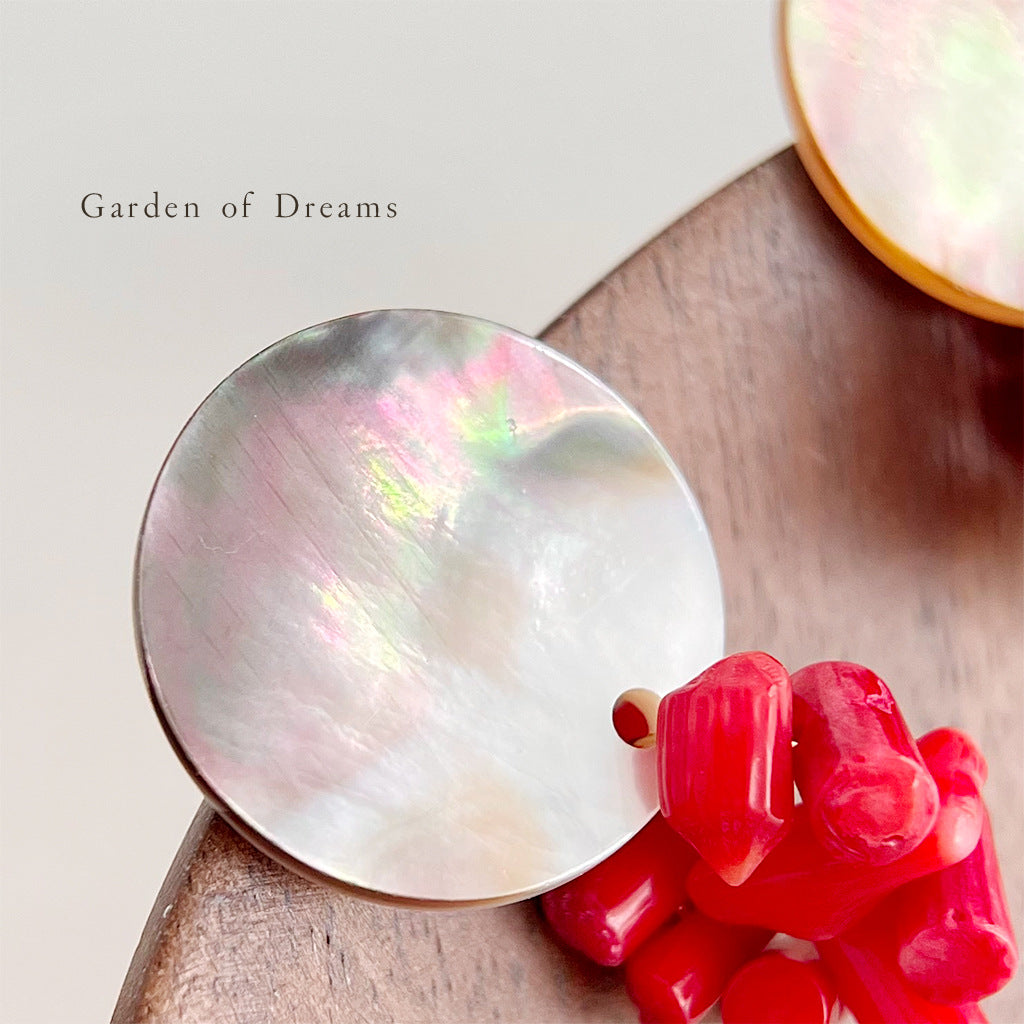 Handmade Shell Nacre and Red Bamboo Stud Earrings