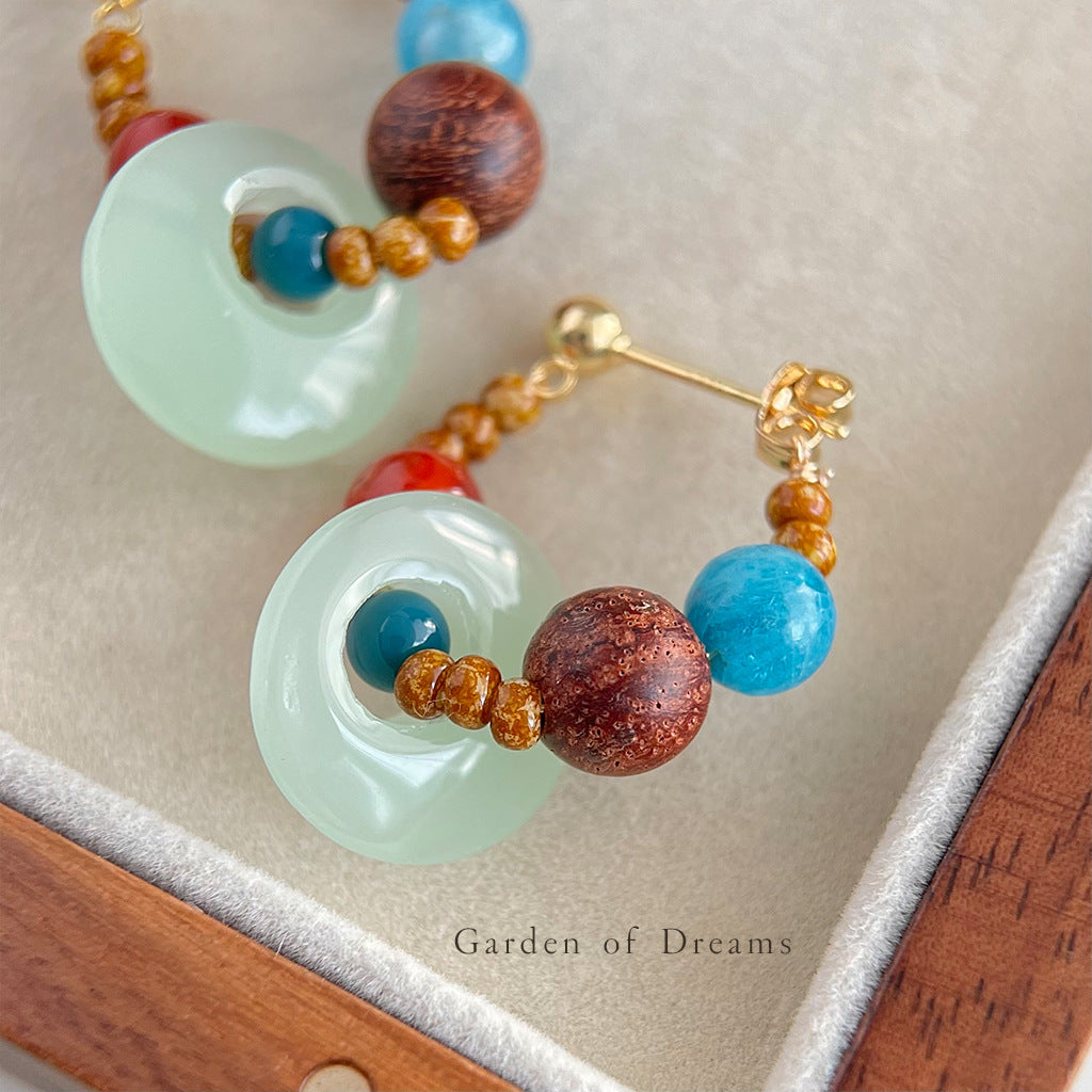 Jade Donut Hoop Earrings with Aquamarine & Red Agate | Handmade S925 Silver Stud Earrings