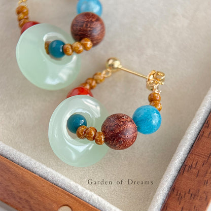 Jade Donut Hoop Earrings with Aquamarine & Red Agate | Handmade S925 Silver Stud Earrings