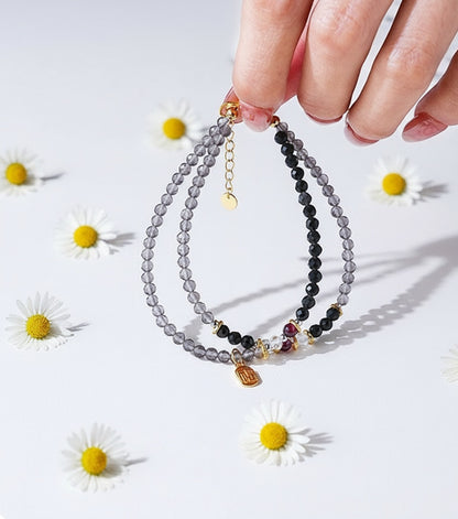 Black Obsidian & Garnet Double-Layer Crystal Bracelet – Gold Fortune Charm, Adjustable Design