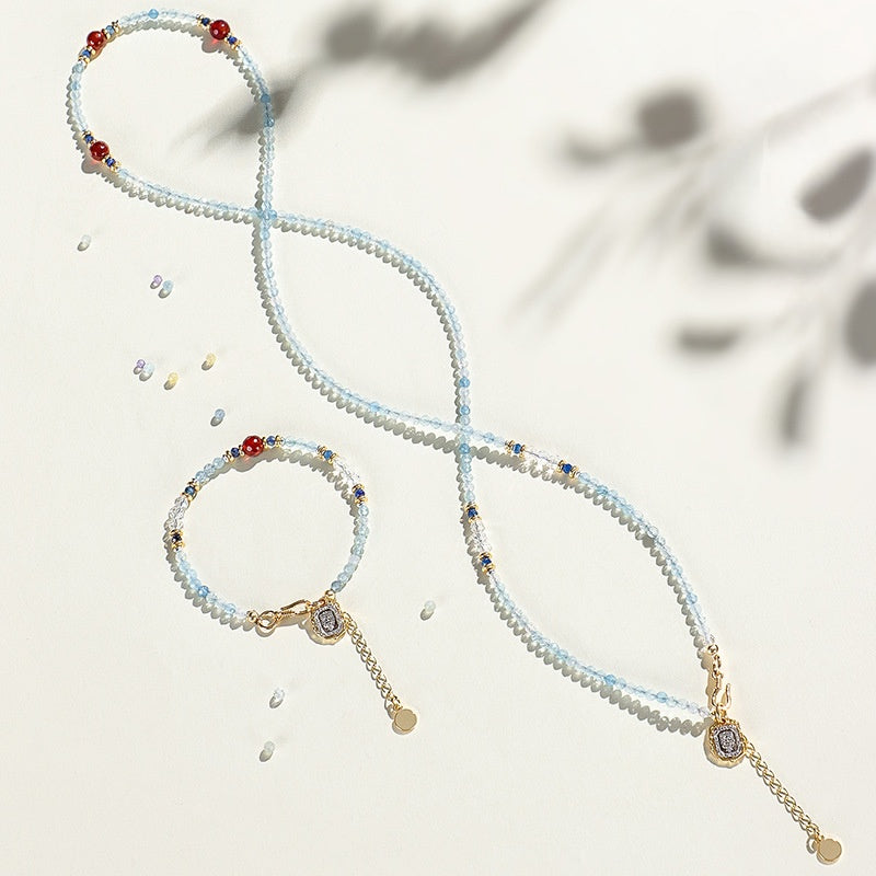 Iris Blue Crystal Beaded Bracelet & Choker Set – Red Agate & Gold Accent, Dual-Wear Design