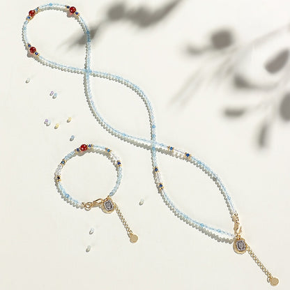 Iris Blue Crystal Beaded Bracelet & Choker Set – Red Agate & Gold Accent, Dual-Wear Design