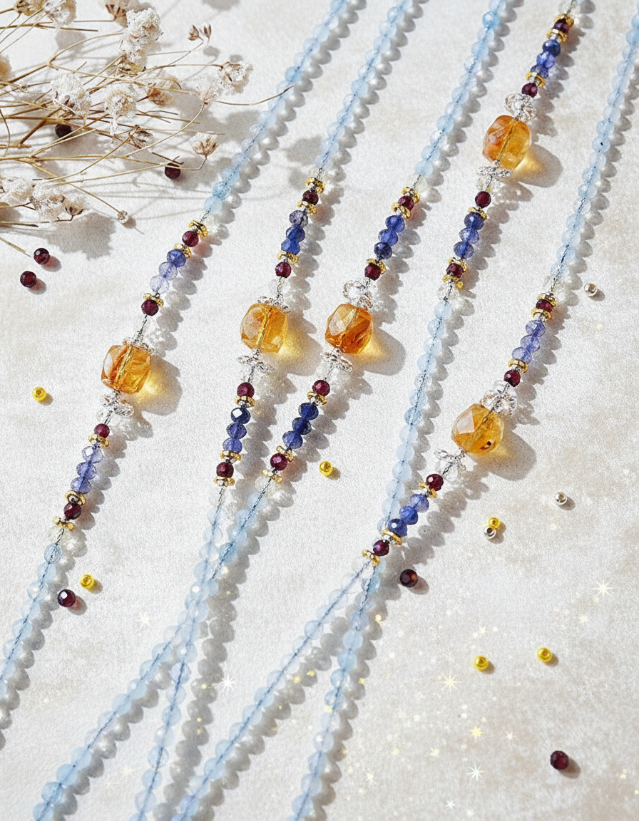 Colorful beaded necklaces on a light background