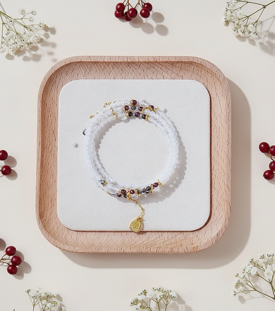 Bracelet on a white card with berries and flowers on a light background