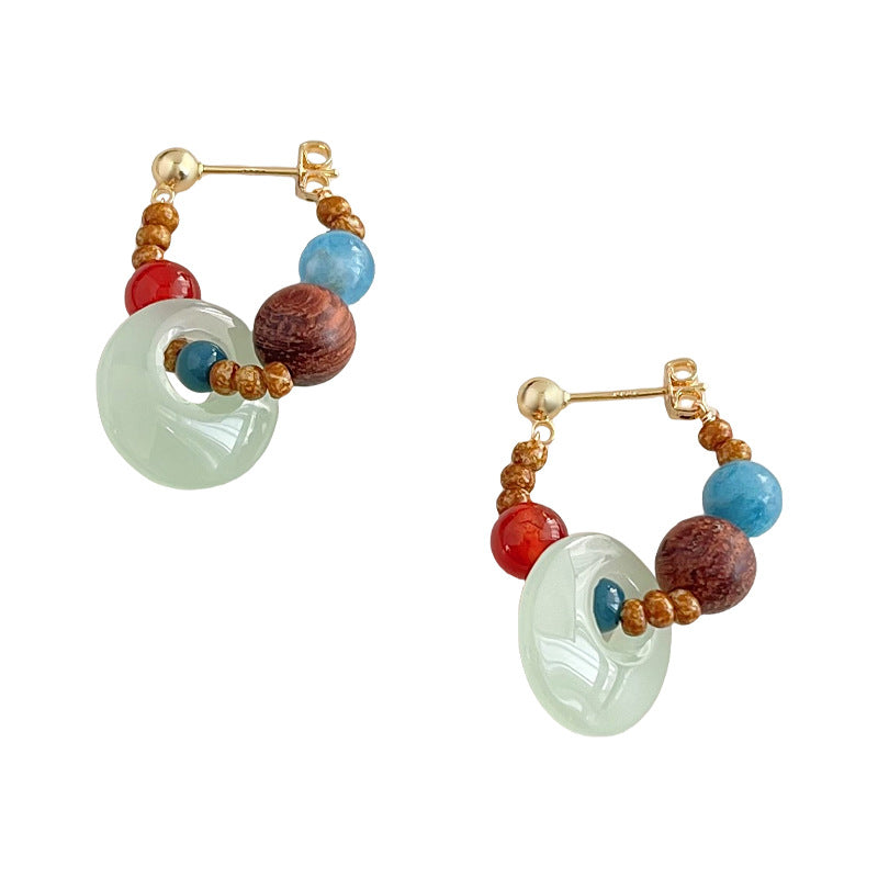 Jade Donut Hoop Earrings with Aquamarine & Red Agate | Handmade S925 Silver Stud Earrings