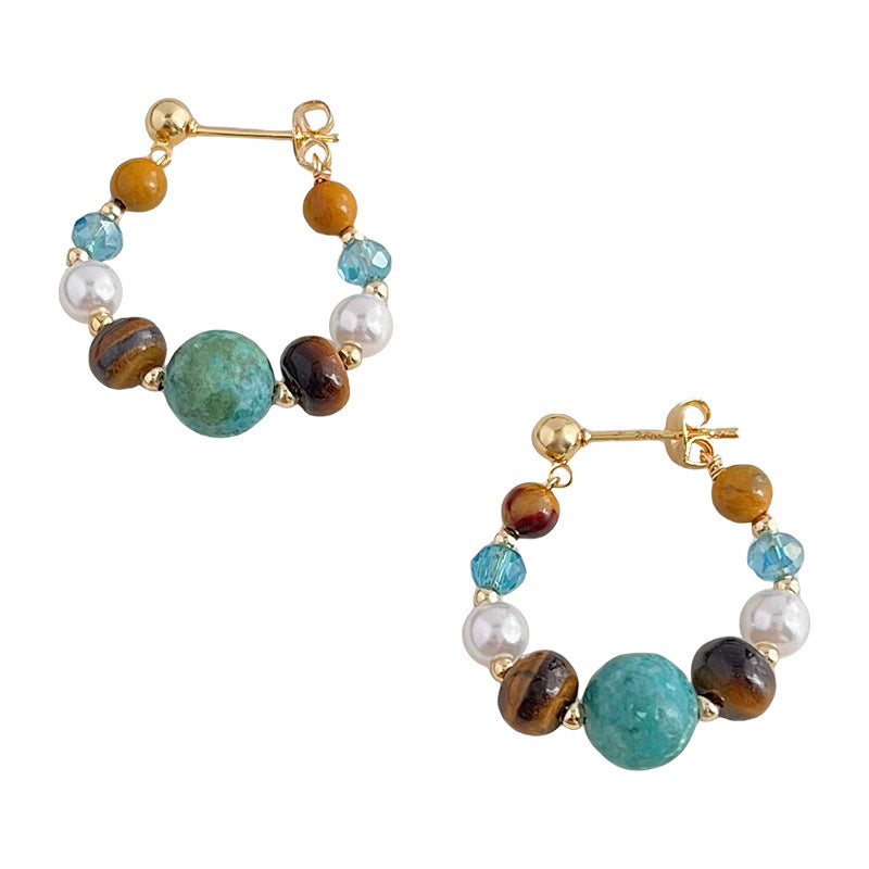 Turquoise Tiger Eye Pearl Hoop Earrings – Handmade Gemstone