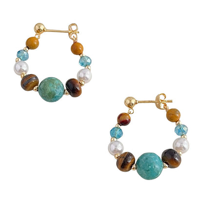 Turquoise Tiger Eye Pearl Hoop Earrings – Handmade Gemstone