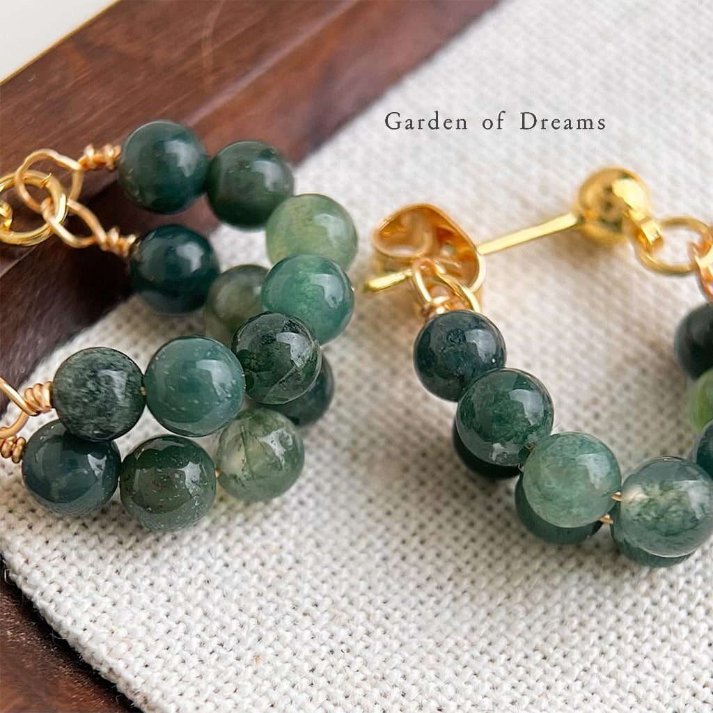 Natural Indian Agate Hoop Earrings | S925 Silver Needle Green Gemstone Earrings