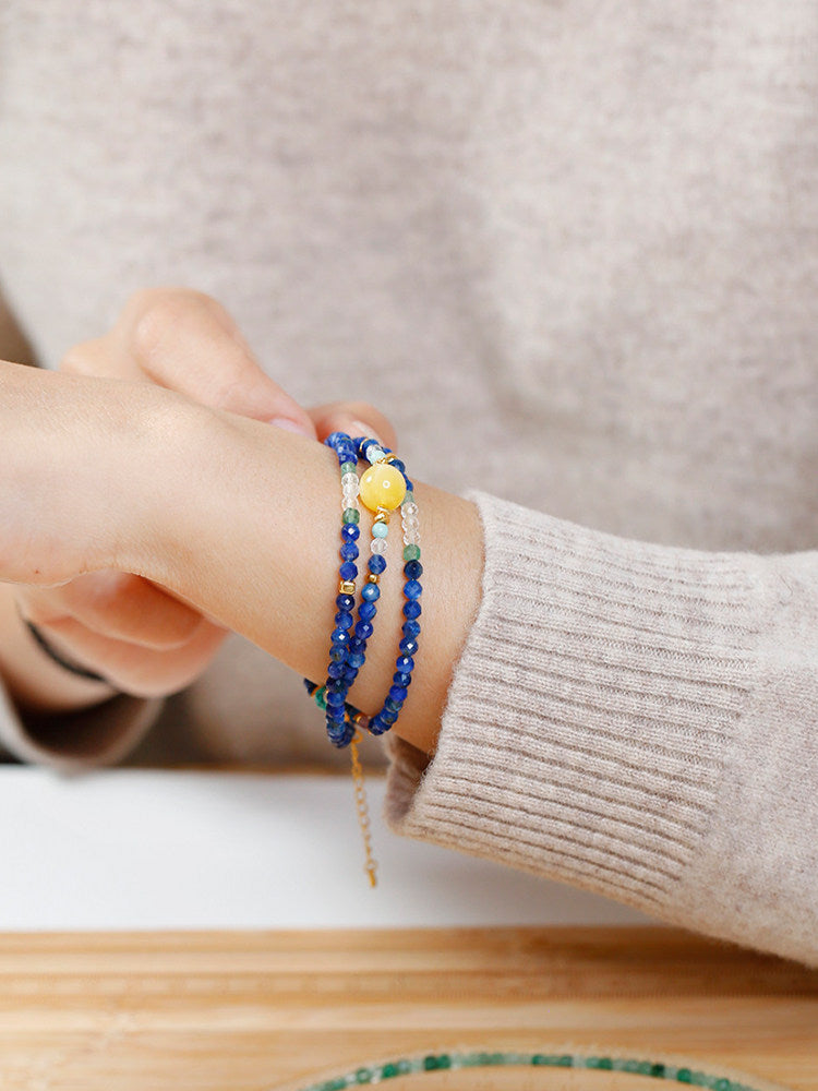 Starry Night Lapis Lazuli Convertible Necklace & Wrap Bracelet – Yellow Agate & Amazonite Energy Jewelry