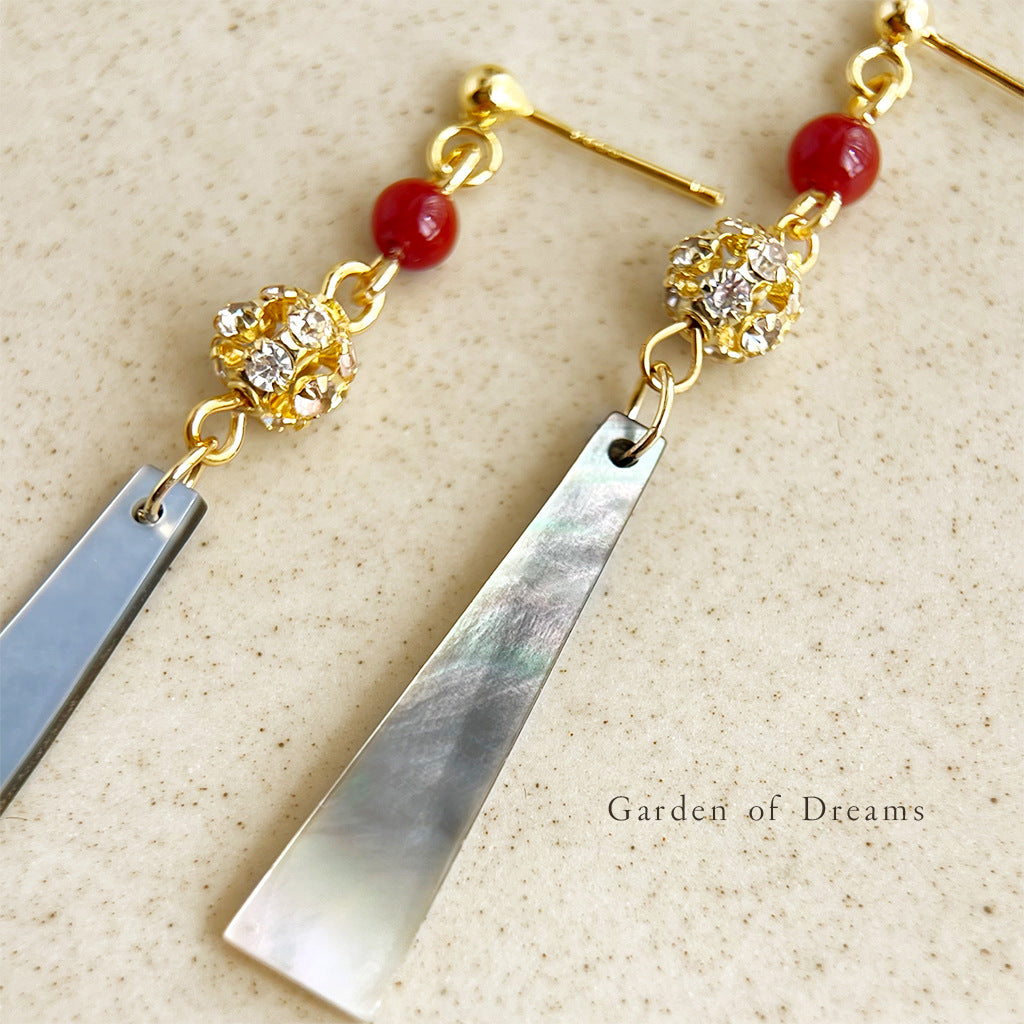 Mother of Pearl Long Bar Drop Earrings with Red Agate & Gold Accents