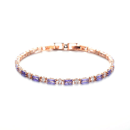 Elegant Purple Crystal Rose Gold Tennis Bracelet – Dainty Baguette Cut Zirconia Chain