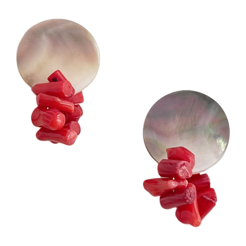 Handmade Shell Nacre and Red Bamboo Stud Earrings