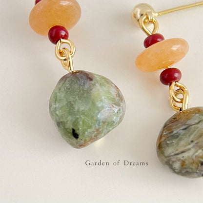 Jade & Flower Stone Drop Earrings – Red Agate Accents, 925 Silver Needle, Natural Protection