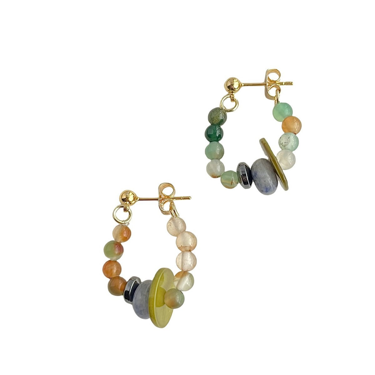 Pair of beaded hoop earrings with gold accents on a white background