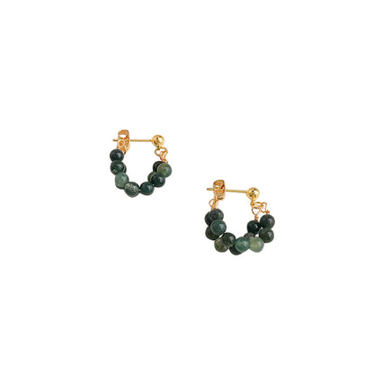 Natural Indian Agate Hoop Earrings | S925 Silver Needle Green Gemstone Earrings