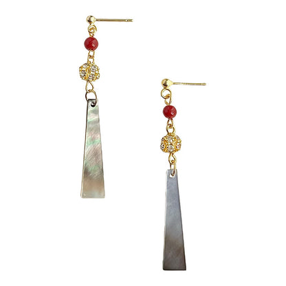 Mother of Pearl Long Bar Drop Earrings with Red Agate & Gold Accents