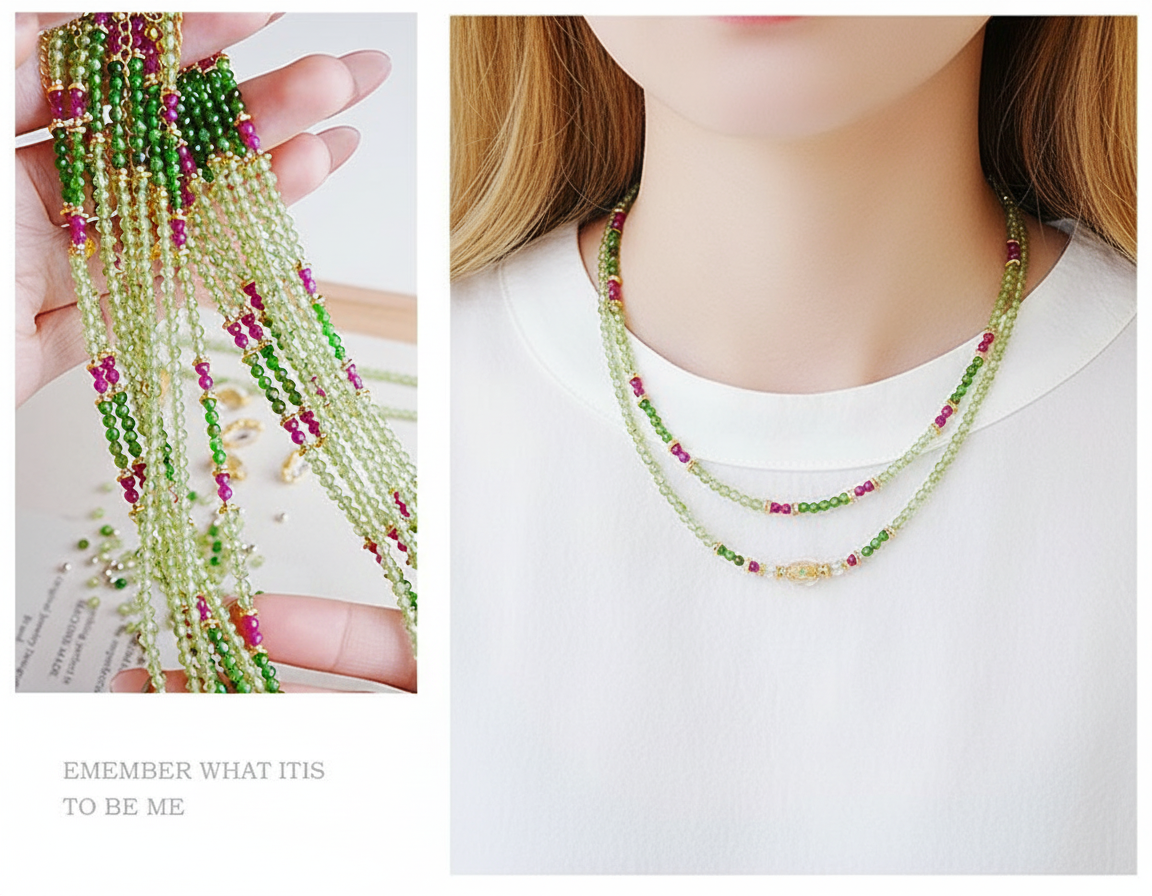 “Spring Garden” Green Diopside & Red Ruby 2-Way Bracelet Necklace – Natural Gemstone Energy Jewelry
