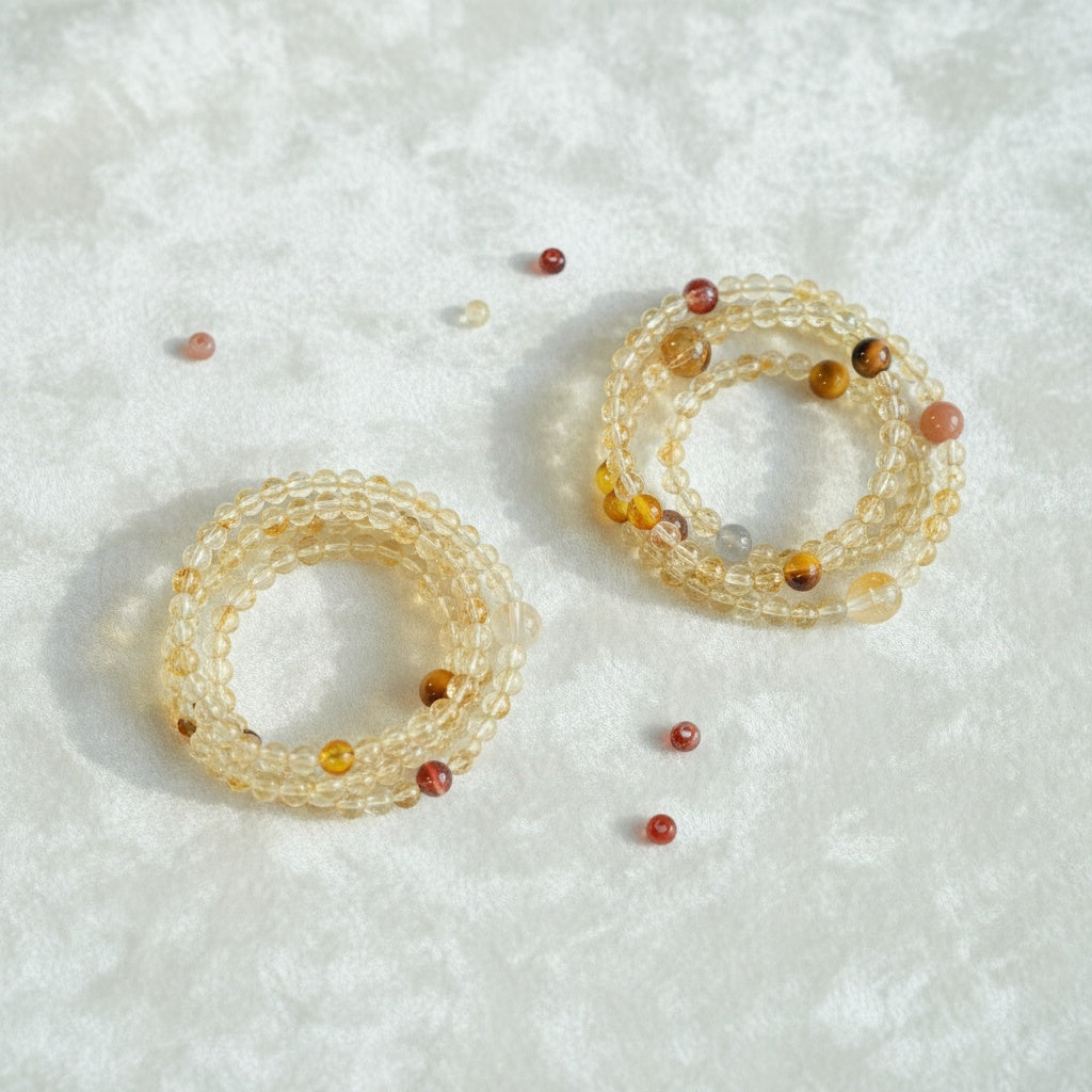 Two beaded bracelets on a textured white surface with scattered beads.