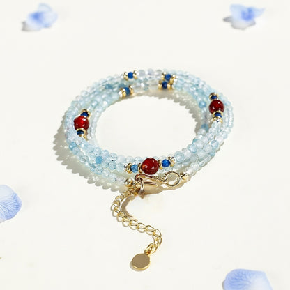 Iris Blue Crystal Beaded Bracelet & Choker Set – Red Agate & Gold Accent, Dual-Wear Design