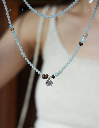 Ocean Whisper Aquamarine & Wood Crystal Wrap – Bracelet & Necklace 2-in-1