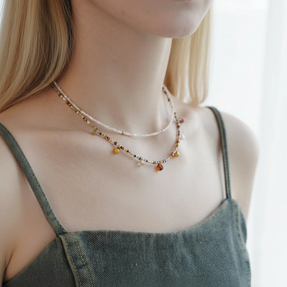 Celestial Sunset Beaded Necklace & Bracelet – Two-Way Wear with Gemstone Charms and Pearl Accents