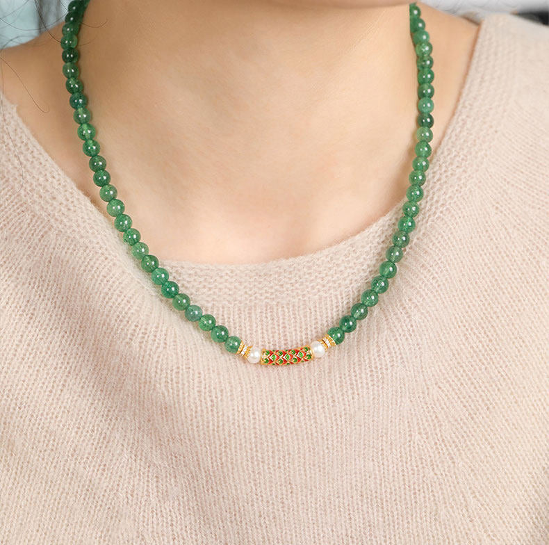 Green Aventurine Harmony Necklace Bracelet with Pearl & Enamel Gold Accent – Luck, Growth & Emotional Balance