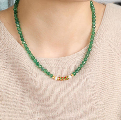 Green Aventurine Harmony Necklace Bracelet with Pearl & Enamel Gold Accent – Luck, Growth & Emotional Balance