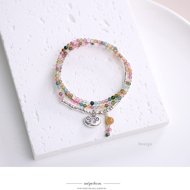 Harmony Loop Necklace Bracelet 2-Way Wear – Rainbow Tourmaline & Sterling Silver Charm for Peace, Luck & Vibrant Energy