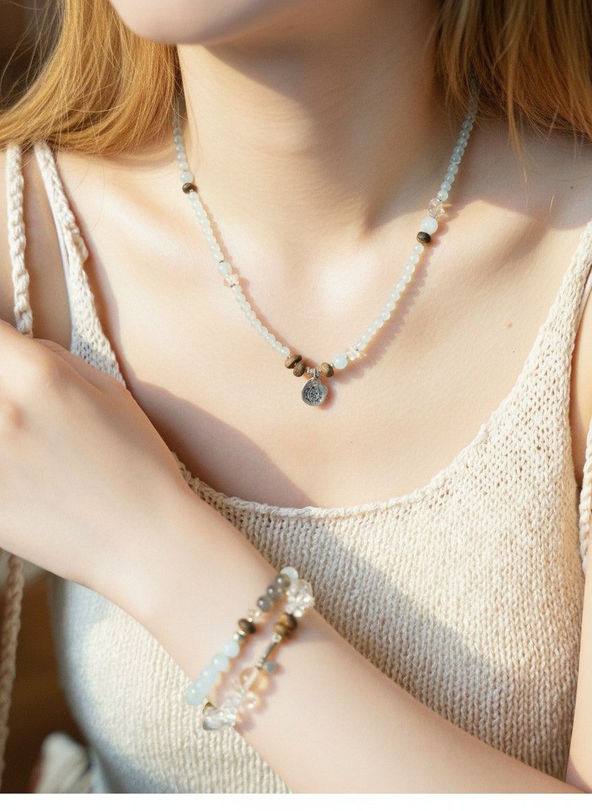Ocean Whisper Aquamarine & Wood Crystal Wrap – Bracelet & Necklace 2-in-1
